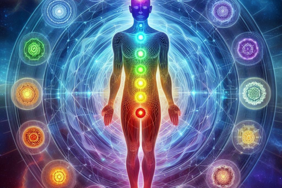 A human shaped being outline surrounded by a rainbow aura and also showing all the chakras