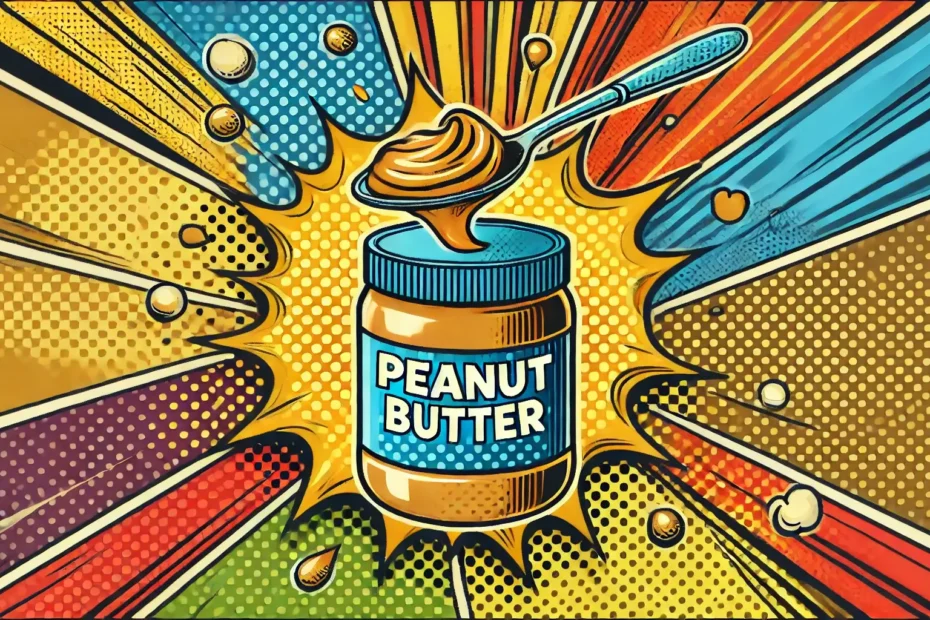 A vibrant pop art illustration of a jar of peanut butter with bold, bright colors and comic-style patterns.